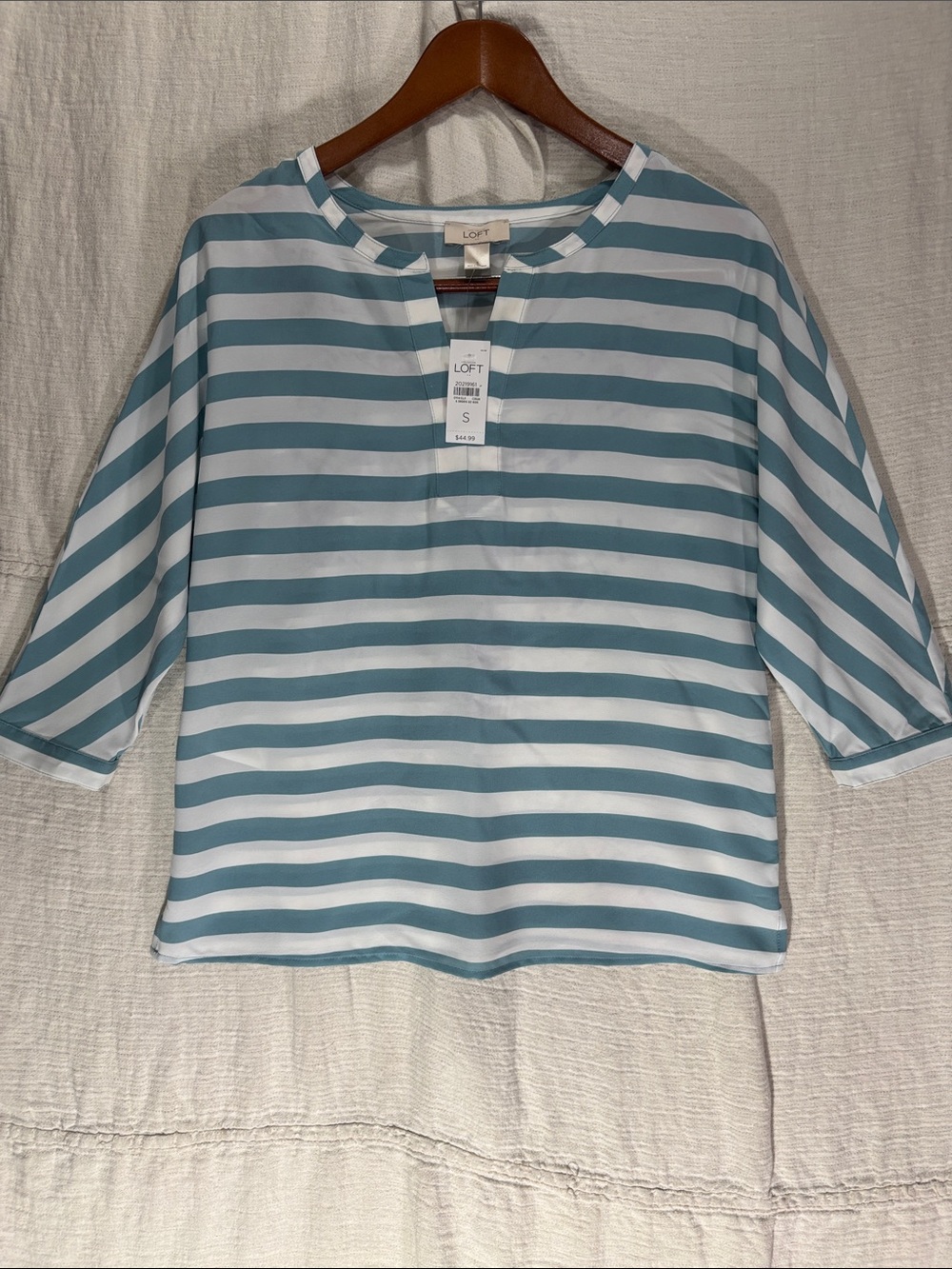 NWT LOFT Aqua and White Striped Split-Neck Top Size S